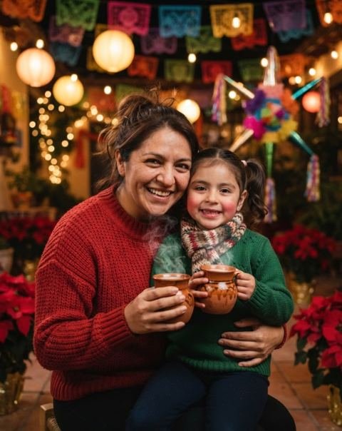 Mamá e hija en una posada con jarritos de ponche