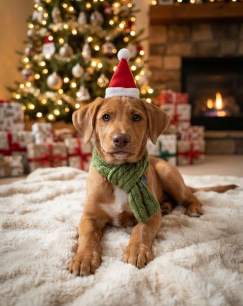 Perrito con gorro de Santa y bufanda